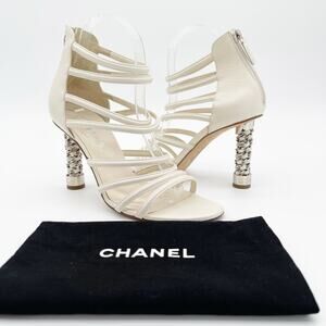 Chanel Ivory Leather Caged Coco Tower Chain Link Heel Ankle Zip Sandals EU 39